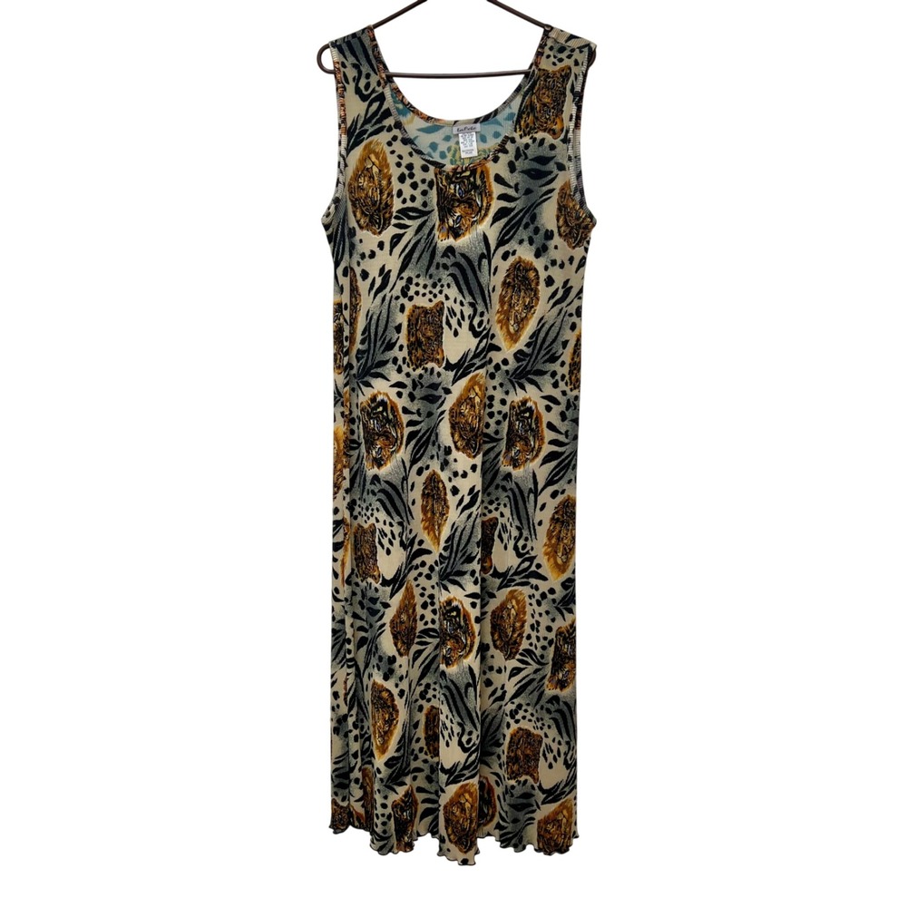 LaFete Vintage Tiger Animal Print Micro Pleated Maxi Dress Sleeveless Plus Size